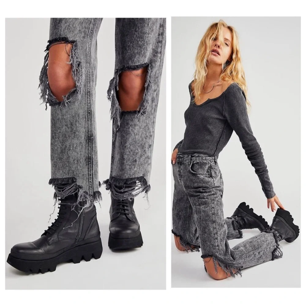 FREE PEOPLE Bottlerocket Grey Maggie Mid Rise Distressed Edgy Straight Leg Jeans - Picture 2 of 13